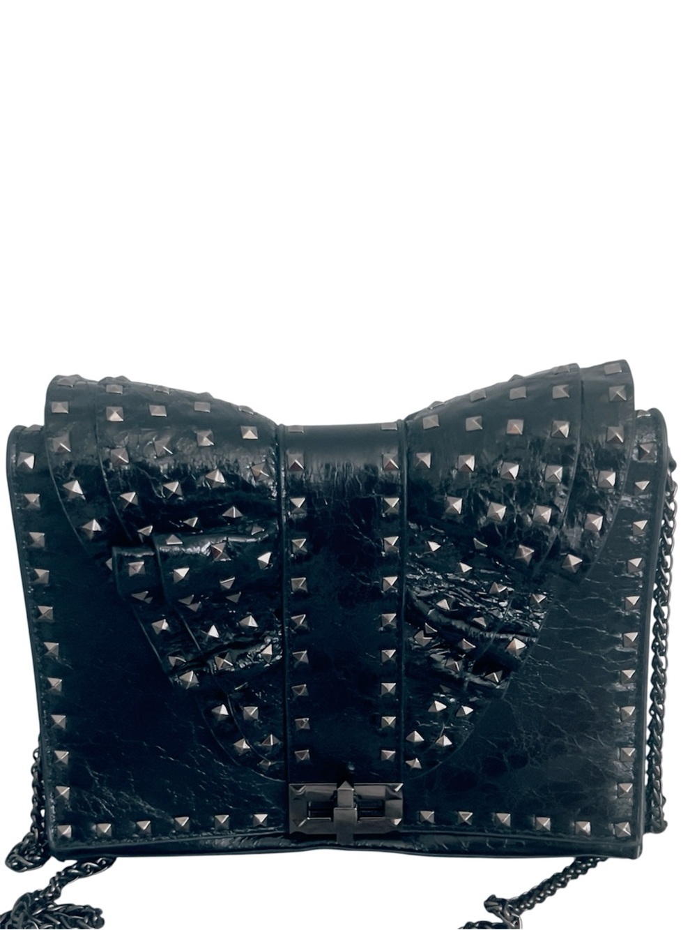 INZI Patent Leather Studded Ruffle Bow Chain Strap Crossbody Shoulder Bag Black - Picture 2 of 14